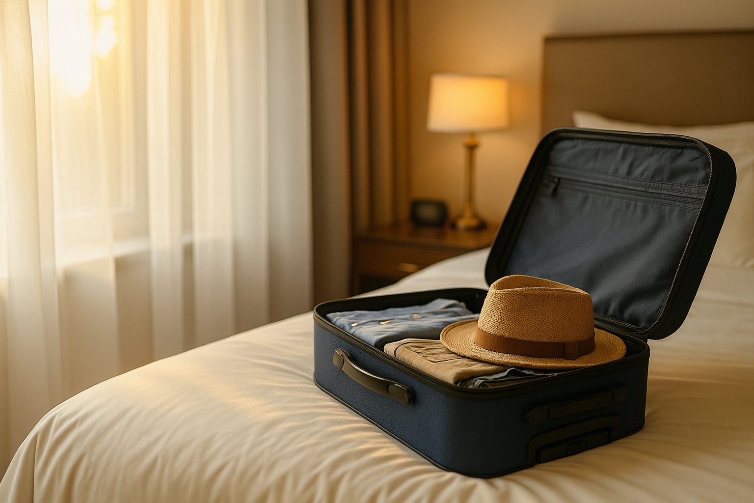 Packed suitcase in hotel room for extended stays